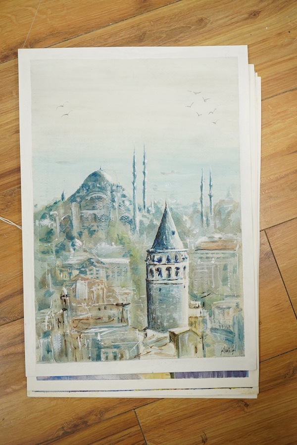 Baris Ali Kibar (Contemporary), eleven watercolours on card, Landscapes to include London views, Coastal scenes and an alpine landscape, some signed and dated, largest 30 x 40cm, unframed. Condition - fair